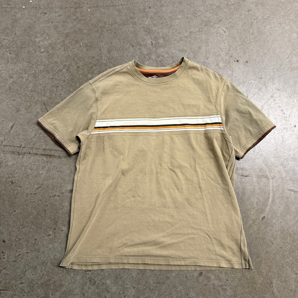 Route 66 Mens Tan Striped Short Sleeve Cotton T-Shirt Brown Trim Large